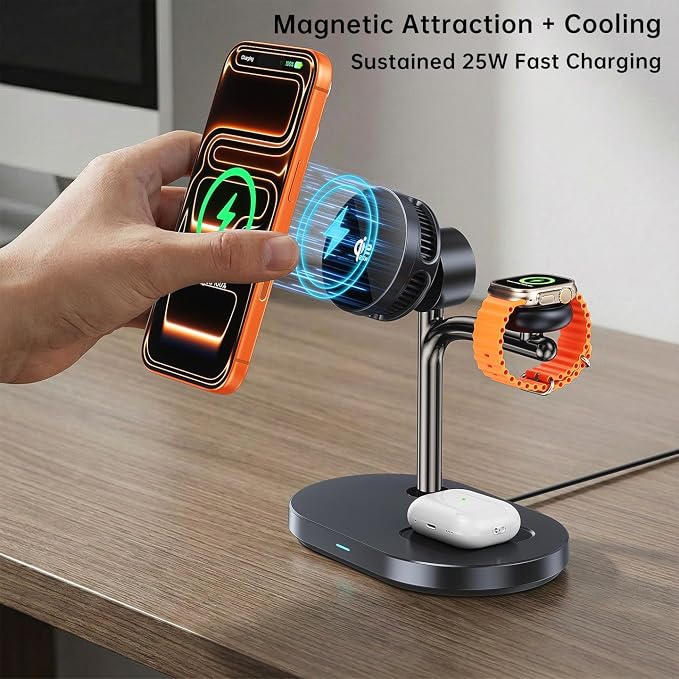 Qi2.2 25W 3 in 1 Wireless Charging Station with TEC Active Cooling Mag-Safe Charger Stand,Magnetic Qi 2 Wireless Charger for iPhone 17-8,Galaxy S26/S25/S24,Apple/Samsung Watch,Pods/Buds(45W Included)