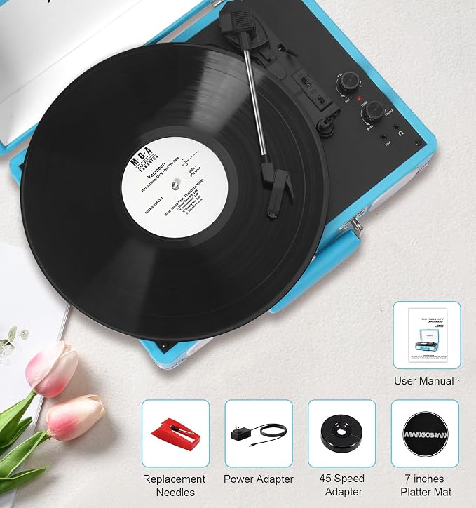 Record Player 3 Speed Bluetooth Portable Suitcase, Vinyl Phonograph with Built-in Bass & Speakers, Belt-Driven LP Player Support AUX-in RCA Line Out Headphone Jack, Blue