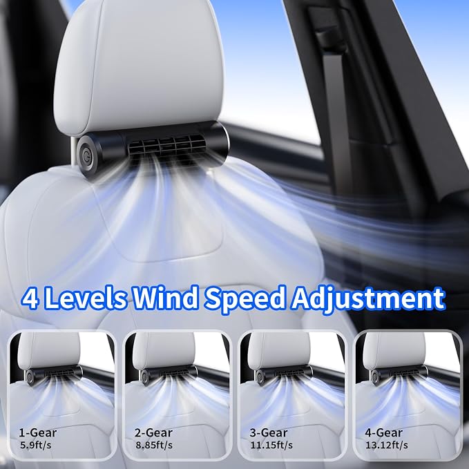 Socool 10000mAh Portable Car Fan Rechargeable Battery Powered, 4-Speed Car Seat Fans for Baby Kids Backseat Cooling, Mini Rear Headrest Neck Fan 70° Tilt Adjustment for RV Truck Van Travel