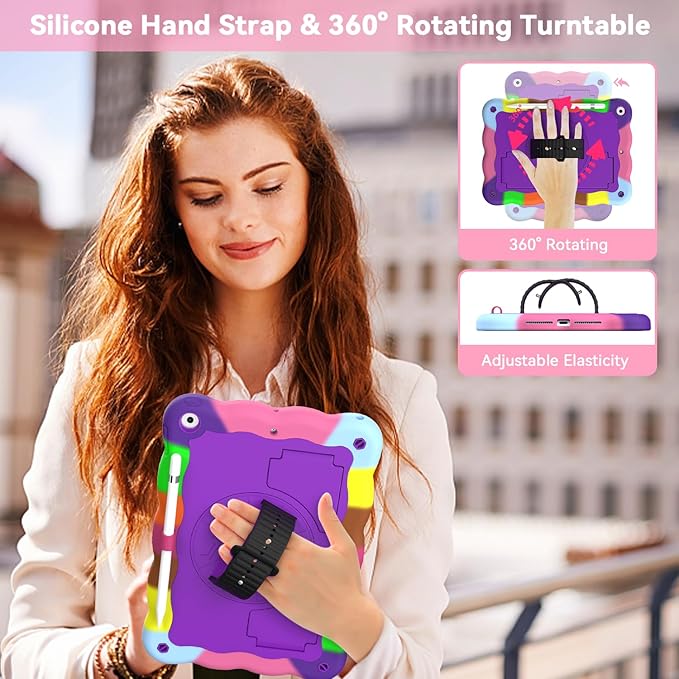 ZoneFoker Case for iPad 9th Generation Case / 8th Gen / 7th Gen 10.2 Inch 2021 2020 2019, Heavy Duty Cover with Pencil Holder [360° Rotate Strap] & Stand, Camouflage Purple