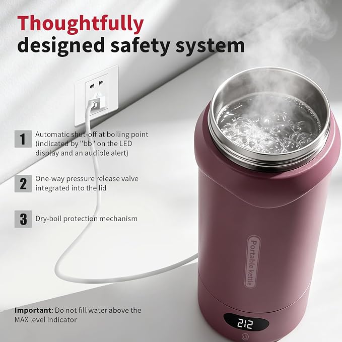 Insulated Stainless Steel Electric Kettle Small, Smart Water Bottle with 4 temperature control, Leak-Proof, Mini Travel Essentials Portable Office Gifts for Tea Lovers, Black Cherry