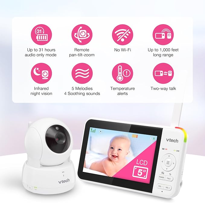 VTech Baby Monitor No WiFi, 5" Screen & Remote Pan-Tilt-Zoom for Newborns – Hack-Proof, 17Hr Battery, 1000ft Range, Auto Night Vision, Temperature Sensor, Two-Way Talk | VM924