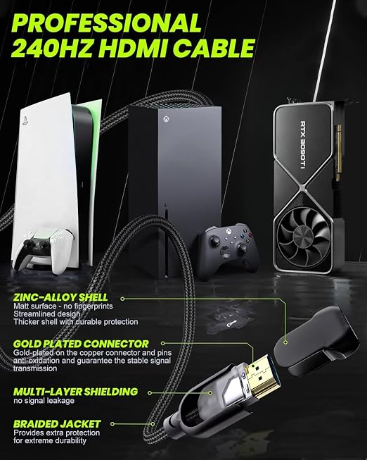 HDMI 2.1 Cable 15 ft 48 Gbps, Ultra High Speed HDMI Cable, 4K HD 120Hz 144Hz 2K 240Hz HDMI Cord, eARC HDCP 2.2&2.3 HDR 10+ Dolby Compatible with PS5/Xbox Series x/Apple TV 4K