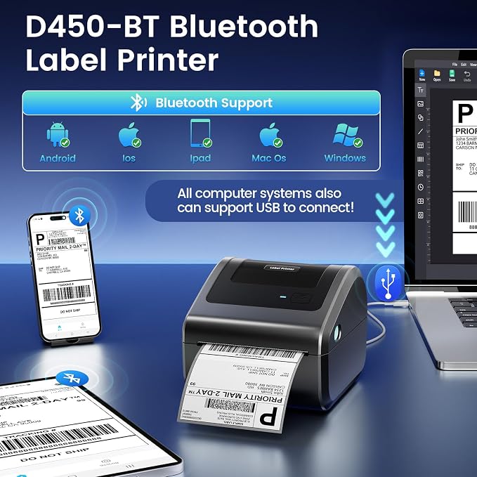 D450BT Thermal Label Printer&500Pcs 4x6 Thermal Shipping Label, Shipping Address Labels (2 Rolls of 250 4x6 Roll Labels) ,Thermal Printers for Small Business, Compatible with Android,iPhone, macOS, Wi