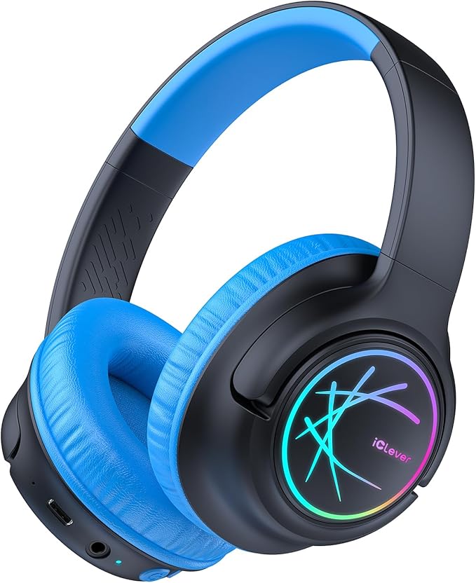 iClever Kids Bluetooth Headphones with LED Lights, BTH18 Safe Volume 74/85dBA, 43H Playtime, Bluetooth5.3 Kids Headphones Wireless Aux Cord for iPad Tablet Travel School, Black