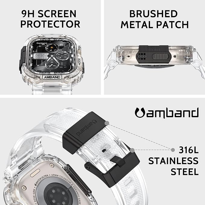 amBand Bands Case Screen Protector Compatible with Apple Watch Ultra 3/2/1 49mm, M1 Sport Series Rugged Cover Strap and 9H Tempered Glass Film, Military Protective Bumper for iWatch 49 mm Men Clear
