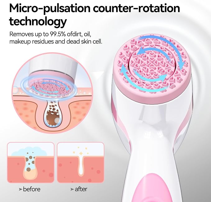 Rechargeable Facial Cleansing Brush – Dual Rotating Electric Face Scrubber with 3 Brush Heads, Waterproof Exfoliator for Deep Cleansing, Valentine's Day Gifts for Her, Mom (Pink)