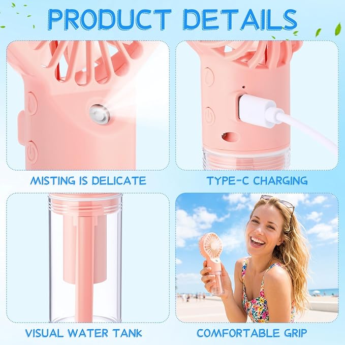 6 Pack Misting Fan Portable Mini Handheld Rechargeable Fans with 4 Speeds Water Spray Fan Personal Cooling Fans for Travel Camping Outdoor Home Office Makeup Commute(Pink)