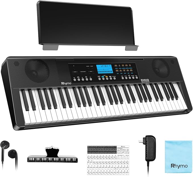 Rhymo 61 Key Electronic Piano Keyboard for Beginners with 450 Tones, 120 Demo, 150 Rhythms, Touch-Sensitive Full Size Portable Keyboard Piano Includes Sheet Stand, Earbuds, Note Stickers