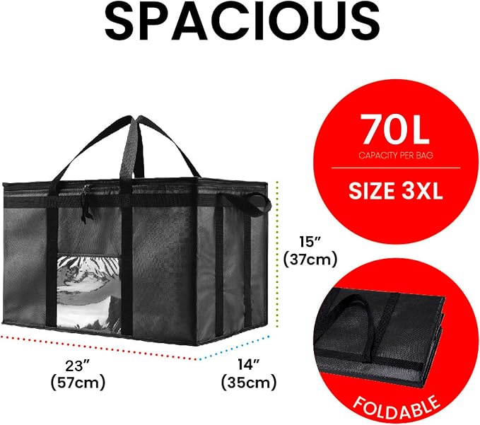 NZ home Insulated Bags for Food Delivery (3XL) Grocery Shopping Cooler Bag, Pizza Delivery, Hot & Cold Catering Tote, Reusable, Foldable & Heavy Duty (10 Pack, Black)