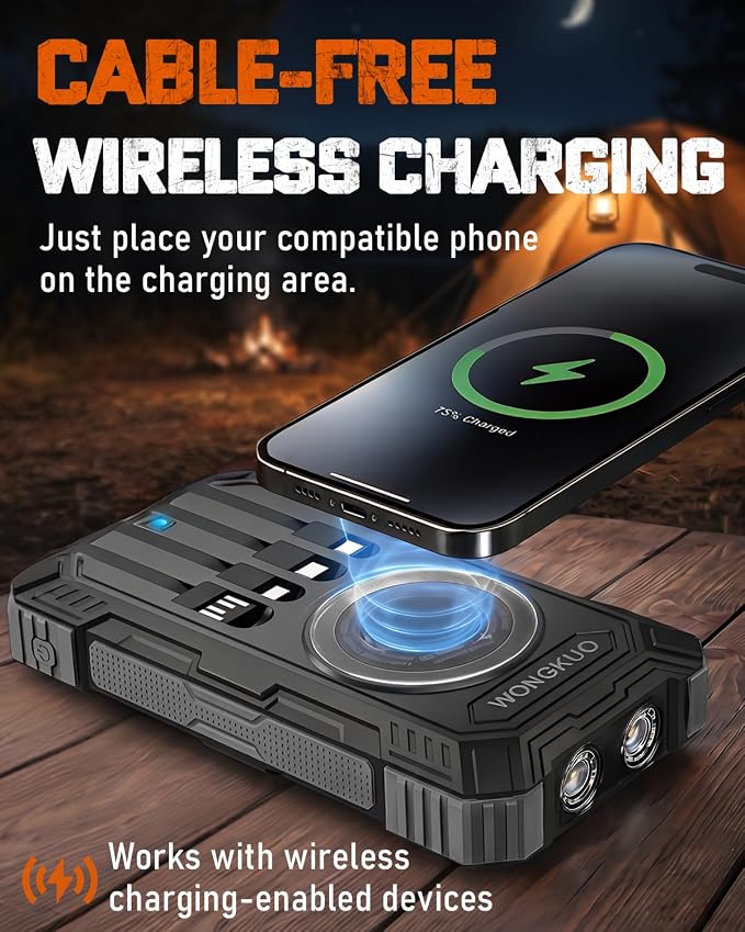 Solar Charger Power Bank - 49800mAh Solar Phone Charger with USB-C in/Output, QC 3.0 Fast Charging with LED Flashlight, Built-in 4 Cables, IP65 Waterproof Fits for Outdoor (Matte Black)