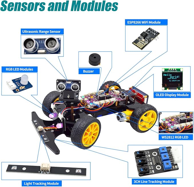 Adeept Smart Car Kit(Compatible with Arduino IDE), Line Tracking, Obstacle Avoidance, OLED Display, Ultrasonic Sensor, IR Wireless Remote Control, DIY STEM Educational Robot Car Kit
