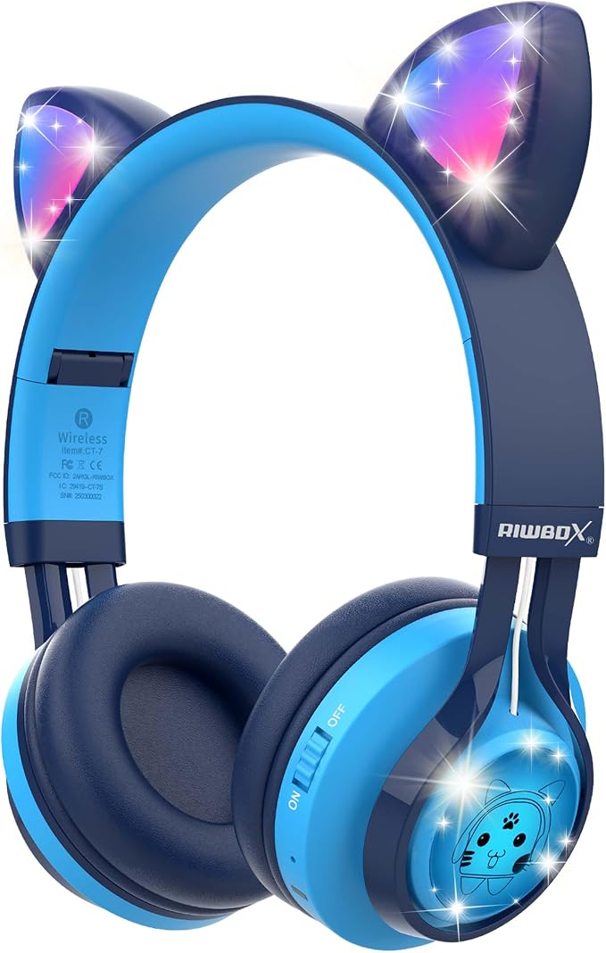 Riwbox CT-7 Cat Ear Bluetooth Headphones, LED Light Up Bluetooth Wireless Over Ear Headphones with Microphone and Volume Control for Travel/School/Smartphones/Laptop/PC/TV (Blue)