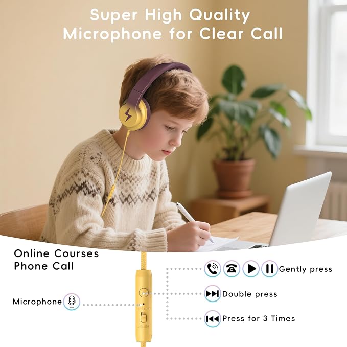 Candy Bila Kids Headphones, Wired Headphones for Kids Over Ear with Microphone, 85/94dB Volume Headphone for Girls Boys, Foldable Headphone for Learning, Gradient Brown and Yellow