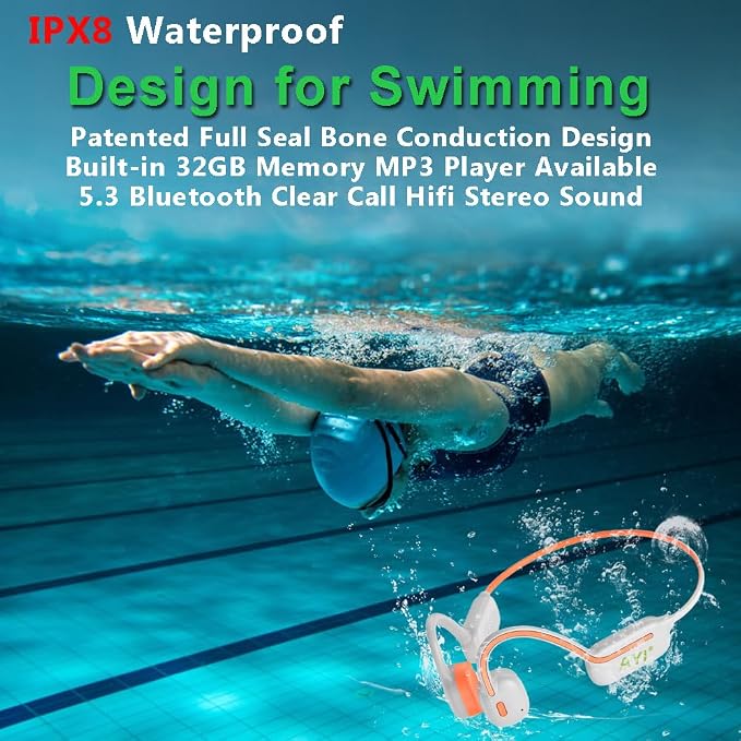 AYI Professional Swim Headphones True Bone Conduction Open Ear Headset MP3 Player Built-in 32G Memory IP68 Underwater Waterproof Bluetooth Earphone for Driving Bicycling Running Skiing-White
