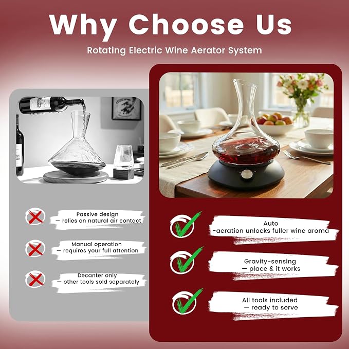 5-in-1 Automatic Electric Wine Decanter Set ，Black Rotation Aerator Base with Glass Carafe, Electric Wine Opener with Foil Cutter, Wine Gifts & Accessories for Wine Lovers and Women