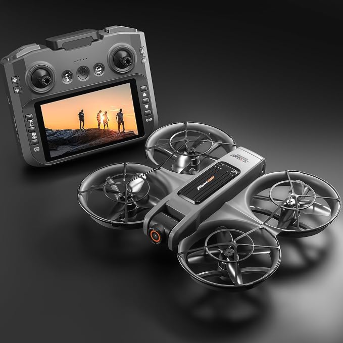 Drone With Large Screen Remote Control (4.92in) , Mini Airplane with Dual Cameras, 2 Batteries, 360° Flips, Full Propeller Guard Protection for Anti-Collision, Brushless Motor, Hovering, Quadcopter with Optical Flow Positioning, RC Helicopter for Adult...