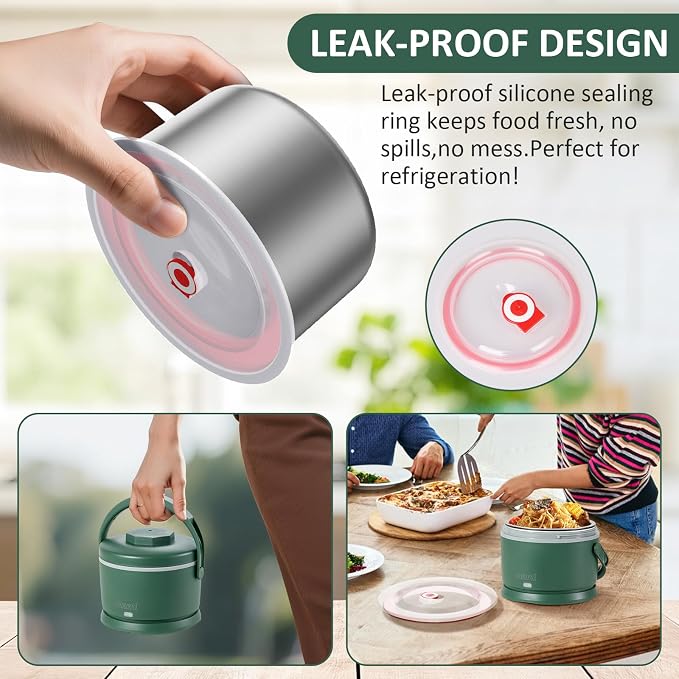 Electric Lunch Box for Adults 40 oz Portable Food Warmer 12V/24V/110V/220V Heated Lunch Box for Work, Office, Car, Travel, Home Use (Green)