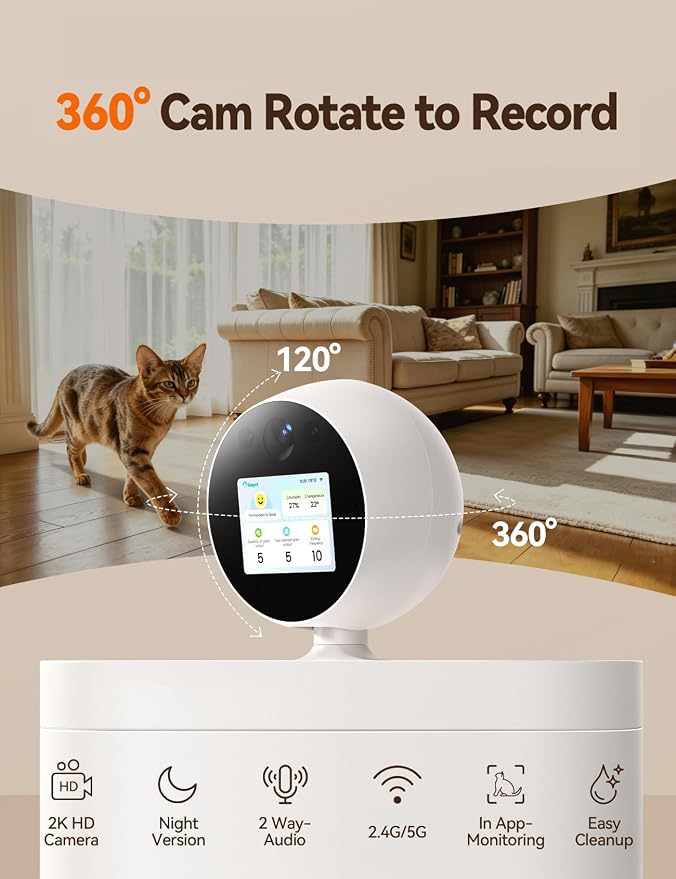 FEELNEEDY Automatic Cat Feeder with Camera 360°, 2k HD Video Night Vision, AI-Powered for Auto Pet Tracking, 5G/2.4G Wi-Fi & 2-Way Audio, Smart APP Control, Low Food Alert, 5.5L Timed Pet Feeder
