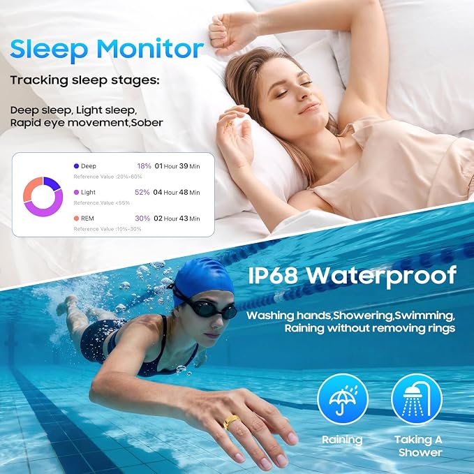 Smart Ring for Women Men, Health Fitness Ring Gen 3 with Free App No Subscription Fee, Stress & Sleep Monitor, Heart Rate & Step Tracker, IP68 Waterproof, Android/iOS Compatible (Gold,6)