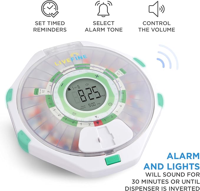 Live Fine 28-Day Automatic Pill Dispenser Frosted Lid with Upgraded LCD Display and Key Lock, Sound & Light for Prescriptions, Medication, Vitamins, Supplements & More