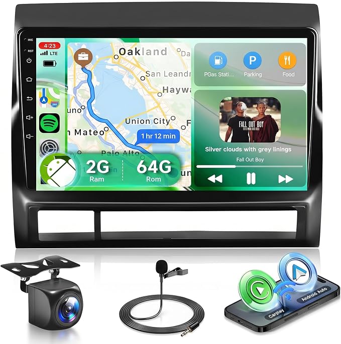 2G+64G Android 15 Car Radio Stereo for Toyota Tacoma 2005-2013 with Wireless CarPlay/Android Auto,9 Inch 1280 * 720P IPS Touch Screen GPS 5Ghz-WiFi Bluetooth 32-Band DSP HD Backup Camera