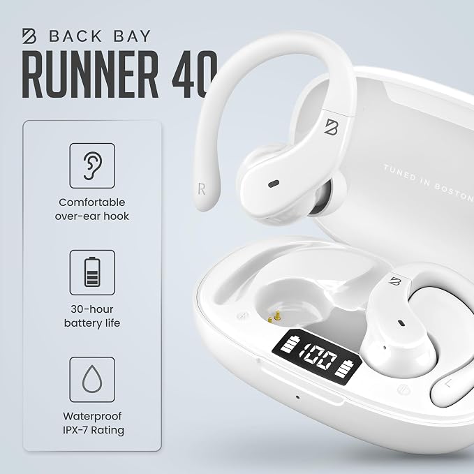 Back Bay Audio - Runner Wireless Earbuds for Running, Workout Wrap Around Earbuds Bluetooth Headphones for Sports, Around the Ear Wireless Bluetooth Running Headphones, Hook Over Earphones Earhooks