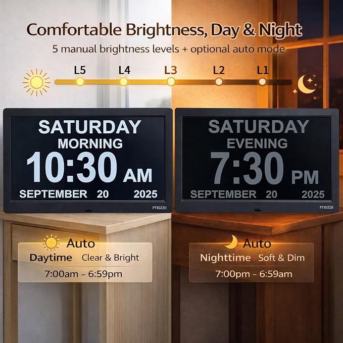 11.5'' Dementia Clocks for Seniors Extra Large, Senior Clocks with Day Date and Time, 20 Alarm Reminders, Easy-to-Read, Simple Setup, Plug-in, DST