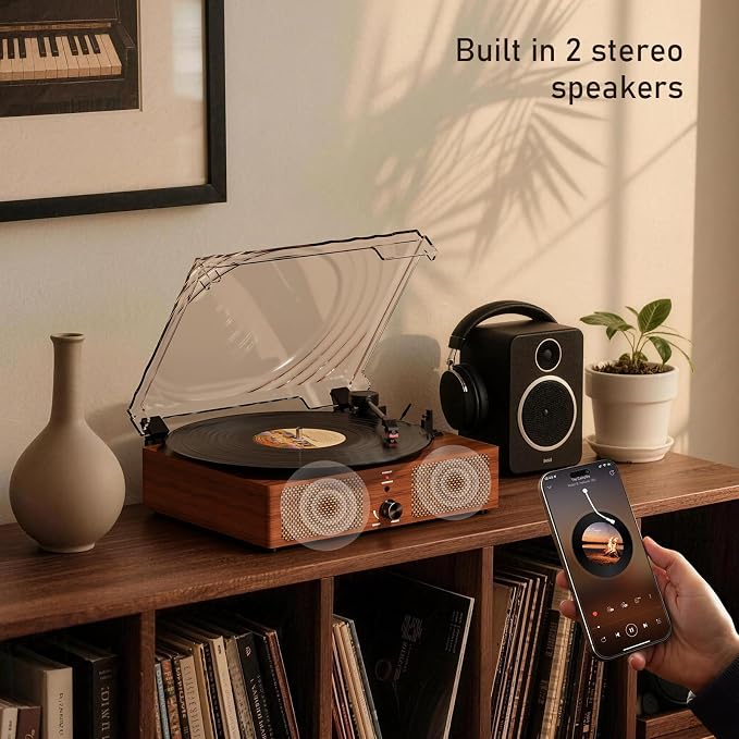 Vinyl Record Player Turntable with Built-in Bluetooth Receiver & 2 Stereo Speakers, 3 Speed 3 Size Portable Retro Record Player for Entertainment and Home Decoration