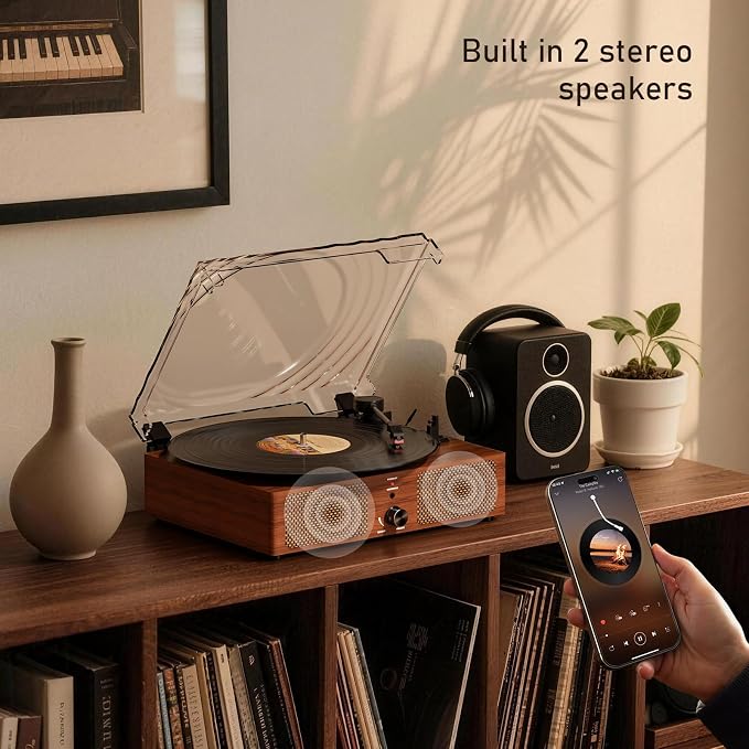 Vintage Wooden Record Player with Bluetooth 3-Speed Belt-Driven Turntable Built-in Speakers, Beginner Friendly Retro Phonograph for Home Decor, for Vinyl Enthusiasts (Walnut Finish)