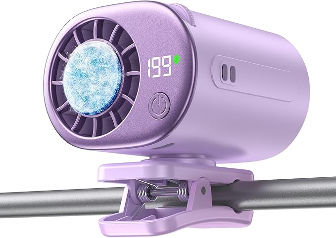 Clip-On Portable Fan with Ice Cooling, 20000 RPM Rechargeable Handheld Turbo Fan, 360° Rotating Detachable Clip, Mini Stroller Fan for Baby, Compact Travel Essentials, Summer Gifts for Women,Purple