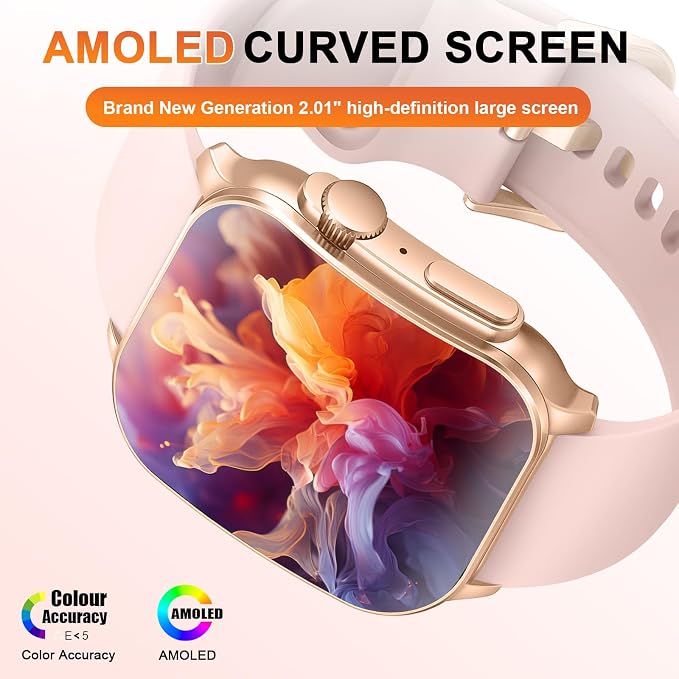 Smart Watch, 2.01" AMOLED Curved Touchscreen Fitness Watch for Women, IP68 Waterproof, 24/7 Heart Rate/Sleep Monitor, Fitness Tracker with Pedometer, 120+ Sports Modes, Smartwatch for Android iOS Pink