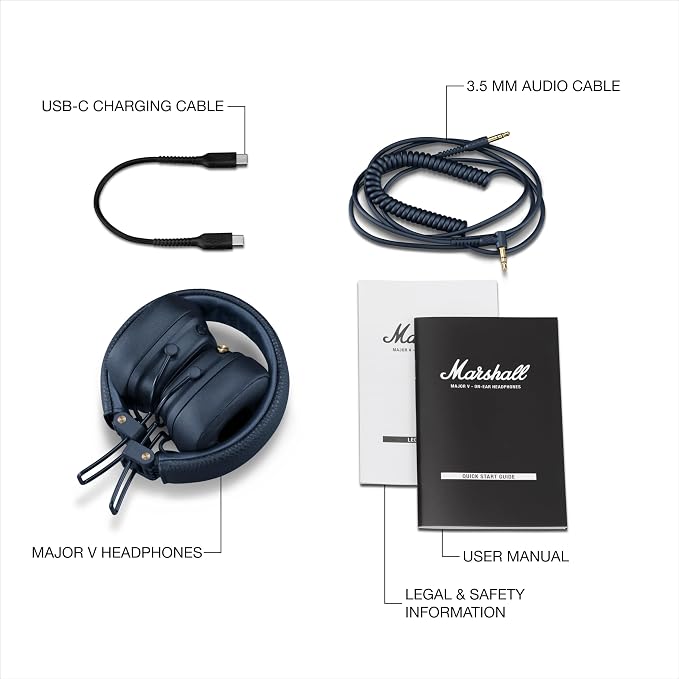 Marshall Major V Wireless On-Ear Bluetooth Headphones - 100+ Hr Playtime | Detachable Audio Cable | Microphone for Calls | Lightweight, Foldable Design for Travel - Midnight Blue