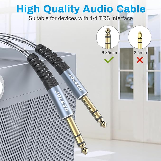 JOLGOO 1/4 Inch TRS Instrument Cable 15 FT 2-Pack, Quarter inch Audio Cable, 6.35 Balanced Interconnect Line for Electric Guitar, Bass, Keyboard, Mixer, Amplifier, Speaker, Electric Mandolin