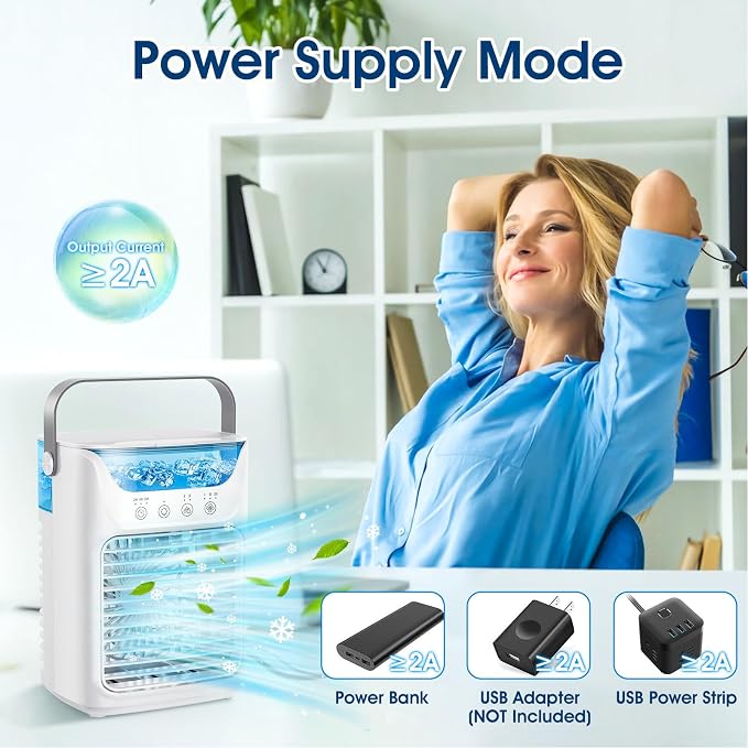 Portable Air Conditioner 4-in-1, Air Cooler with Humidifier, Desktop Cooling Fan, 700ML, 2 Cold Fog, 3 Automatic Timing, 7 Color Night Light