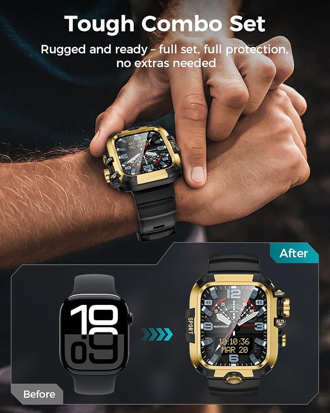 Goton Rugged Case and Band Kit with Screen Protector for Apple Watch 44mm, Compatible with Apple Watch SE 3/2/1 Series 6/5/4, Full Body Shockproof Metal+PC Bumper Cover with Soft Band, 44mm Gold