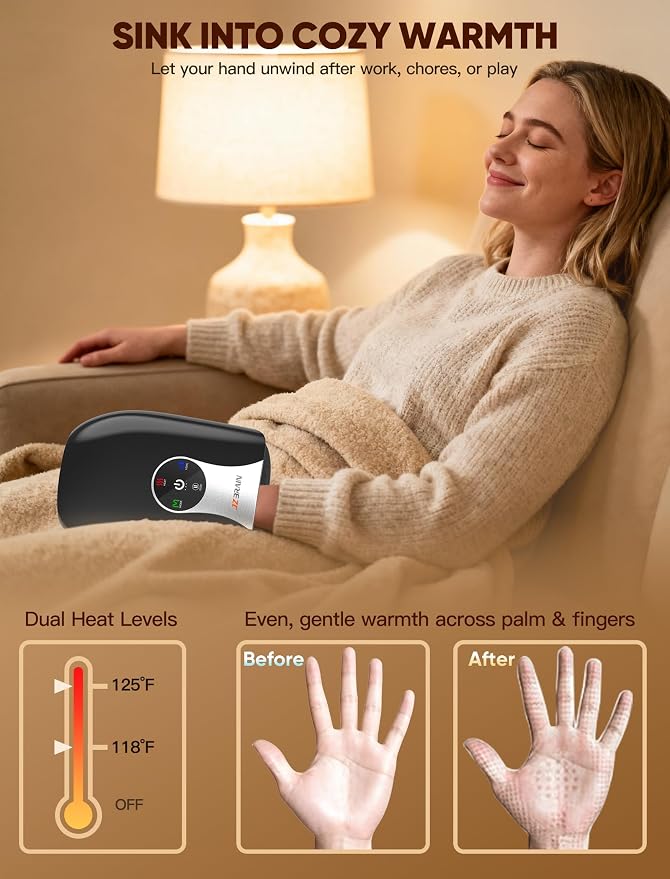 JZBRAIN Hand Massager with Heat and Compression, Black | Cordless, Heated Hand Massage for Arthritis and Carpal Tunnel, 4 Modes 6 Intensities, Portable Rechargeable