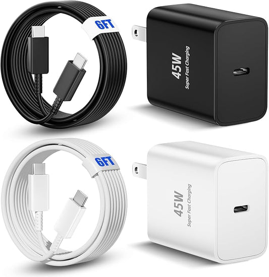 45 W Type-C Super Fast Charger Long Type C Charger Fast Charging 6/10FT 2 Pcs Phone Charger Cable Cord Suitable for Galaxy S25/S24 S23 S22 S21 Ultra/S20/S20 Ultra/Note 20 Ultra(45 W Black/White, 6FT)