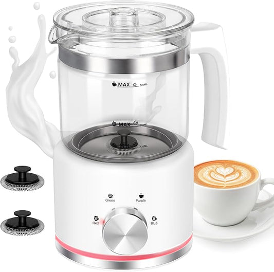 Milk Frother, 16.9 OZ Milk Frother and Steamer, 4 in 1 Electric Milk Frother Dishwasher Safe Durable Silent Frother for Coffee Hot and Cold Foam Maker (White Glass)
