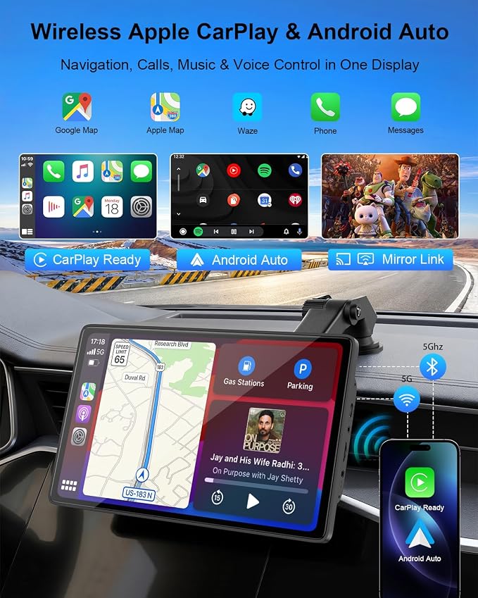 CarPlay Screen for Car, 9" Wireless Apple CarPlay & Android Auto with 1080P Backup Camera, Night Vision, GPS Navigation, Mirror Link, Voice Control, Bluetooth/FM/AUX Audio, Plug & Play Dashboard Mount