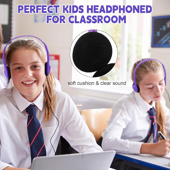 Konohan 30 Pack Headphones Bulk Headphone for School Classroom Student Wired Headphones Adjustable with 3.5 mm Jack for Adults (Purple)