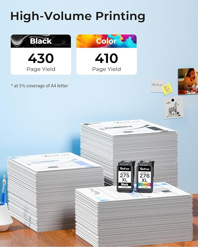 PG-275 XL/CL-276 XL for Canon Ink 275 and 276 275XL 276XL for Canon 275 and 276 Ink Cartridges Work with Pixma TR4720 TS3720 TS3522 TR4722 TS3722 TS3520 TS3700 TR4723 TS3500 TR4700, 2-Pack