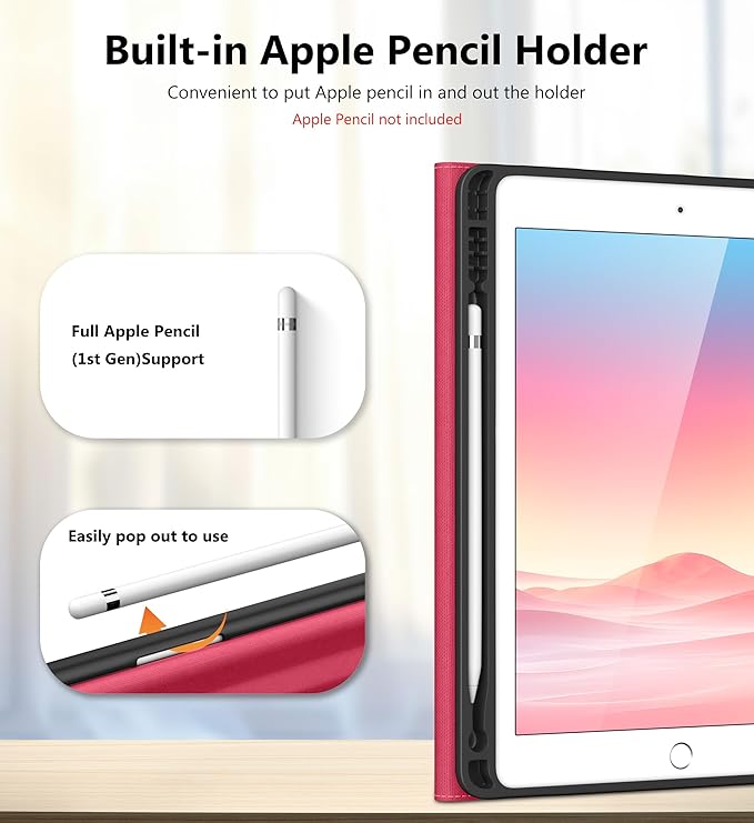 DTTO for iPad 6th / 5th Generation 9.7 Inch (2018/2017), iPad Air 2 / Air 1 Case, 360 Degree Rotating Premium Leather Folio Stand Cover with Pencil Holder, Watermelon Red