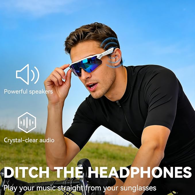 Bluetooth Smart Sunglasses for Men Women, Open-Ear Speaker Glasses with Touch Control, UV400 Polarized Lens, 5-6H Playtime for Outdoor Sports,White and Blue
