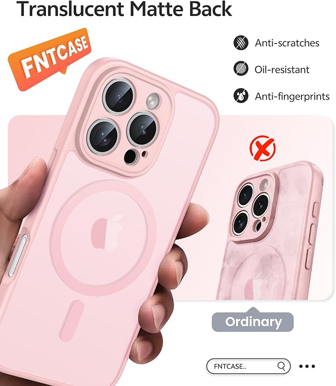 FNTCASE for iPhone 16 Pro Max Case: [Compatible with Magsafe] Translucent Matte Cases with [Full Camera Protection] [Screen Protector] Military Grade Shockproof Protective Phone Cover - Light Pink