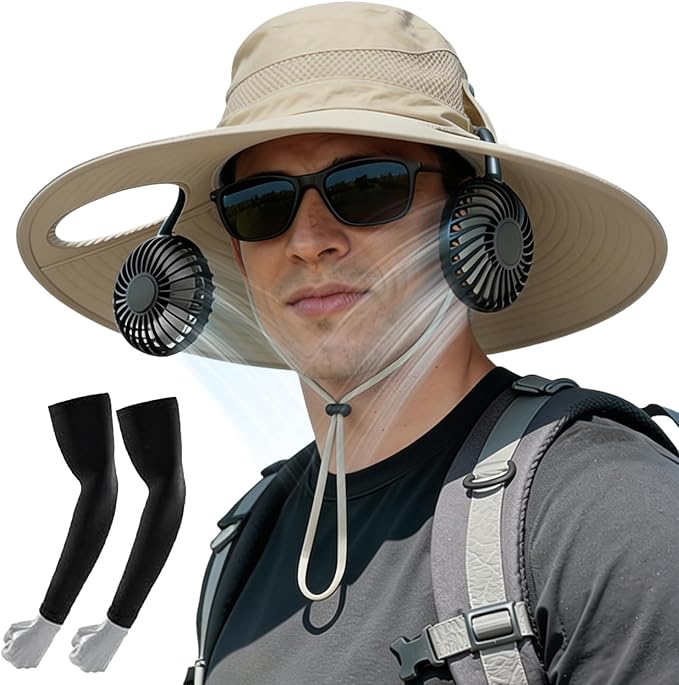 Sun Hat with Fan for Men & Women, Bucket Hat with Fan, UPF 50+ Cooling Hat with Sunblock Sleeves for Fishing,Hiking