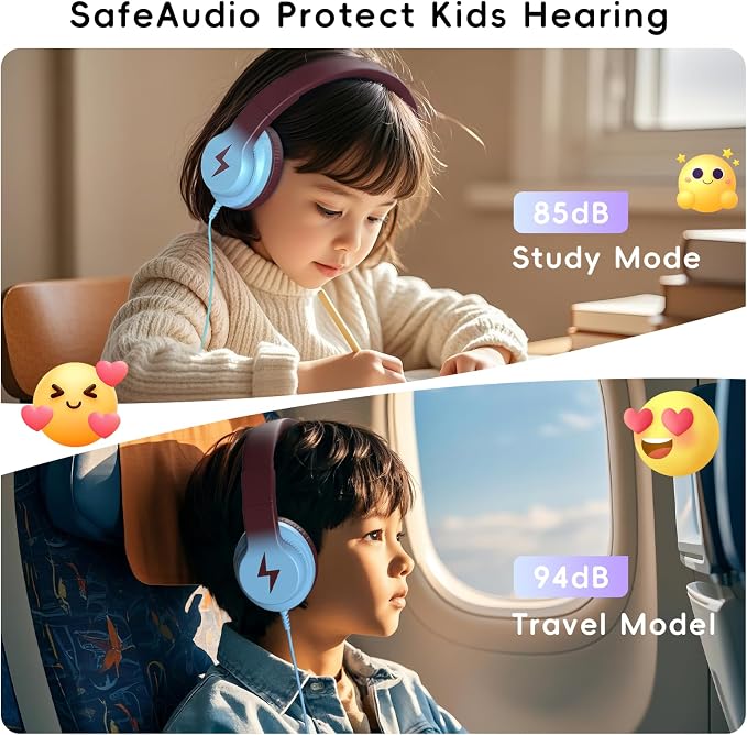 Candy Bila Kids Headphones, Wired Headphones for Kids Over Ear with Microphone, 85/94dB Volume Headphone for Girls Boys, Foldable Headphone for Learning & Entertainment, Gradient Caramel Blue