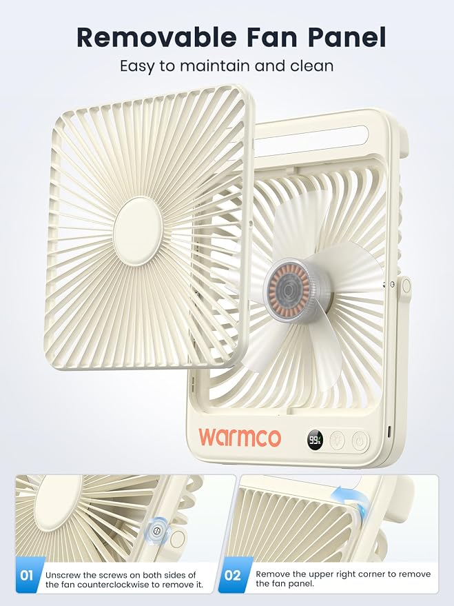 Warmco D4 Battery Powered Camping Fan 20000mAh, LED Lantern | Up To 48H Runtime, Ultra-Slim Quiet 8-Inch Fan, Digital Display & Hook For Tent, Bedroom, Outdoor & Travel