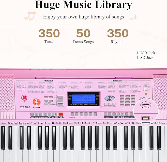 Eastar Electronic Keyboard Piano Kit 61 Key for Beginner, Children Digital E Piano with Stand, Bench, Music Stand and Microphone, Pink, Musical Instrument Birthday Gifts for Kids Girls Daughter