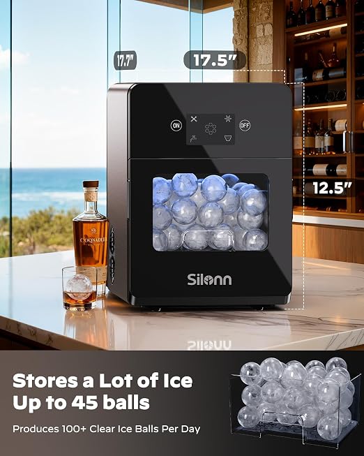 Silonn 2.4″ Sphere Ice Maker Countertop, Clear Ice Ball Maker Machine with Crystal Sphere & Rapid Sphere Technology, 3 pcs in 40 Mins, 100 pcs/Day, Self-Cleaning Ice Maker Ideal for Whiskey